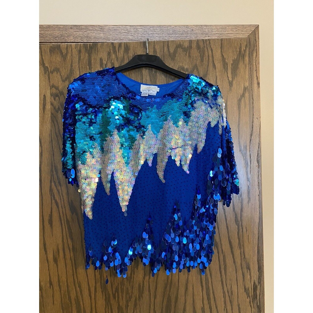 VTG Dominique‎ Women Silk Sequin Beaded Cocktail Disco Blouse 70s 80s  Chevron